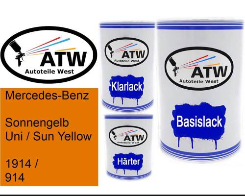 Mercedes-Benz, Sonnengelb Uni / Sun Yellow, 1914 / 914: 500ml Lackdose + 500ml Klarlack + 250ml Härter - Set, von ATW Autoteile West.